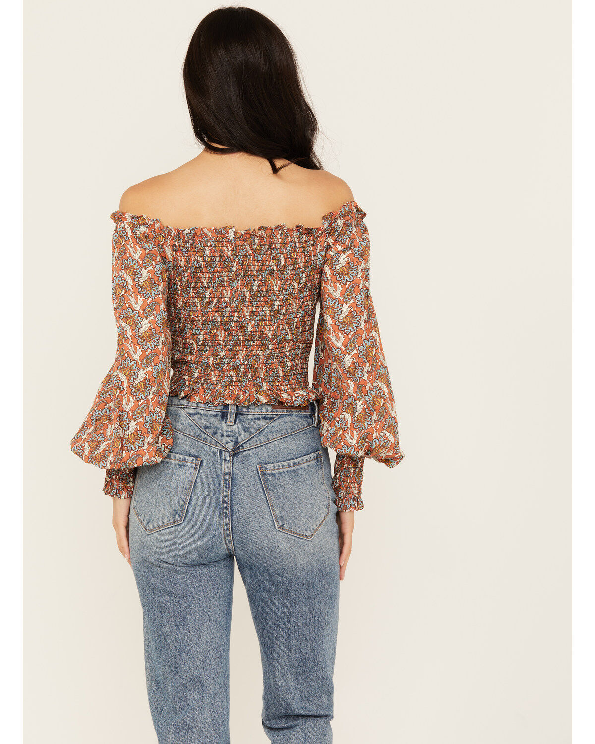 Rock & Roll Denim Women's Smocked Off The Shoulder Long Sleeve Top