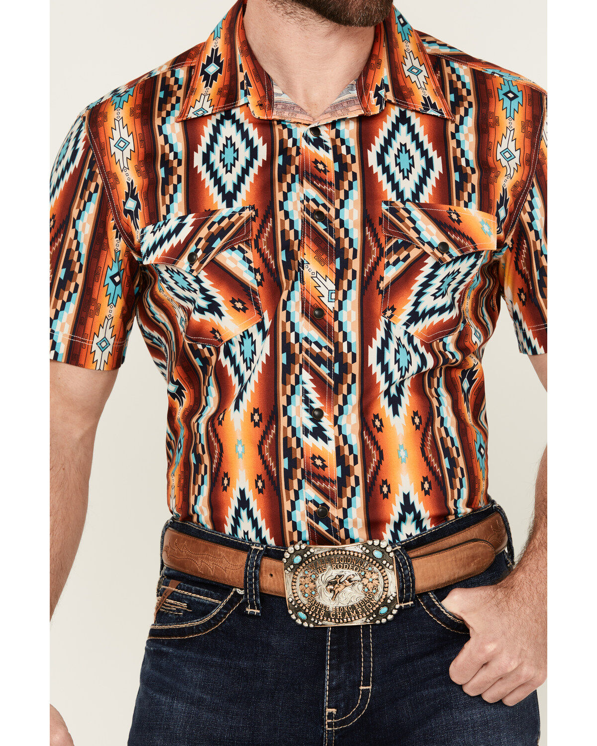 Rock & Roll Denim Men's Southwestern Print Short Sleeve Snap Stretch Western Shirt