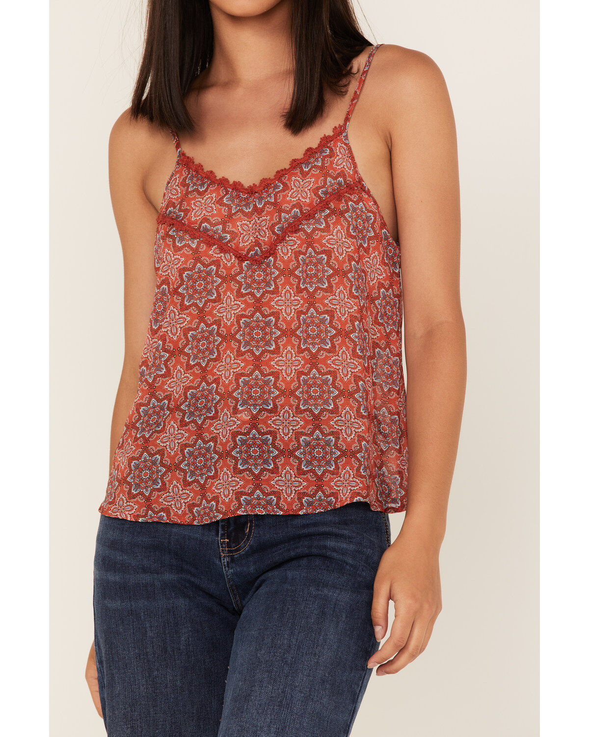 Wild Moss Women's Medallion Print Crochet Trim Cami