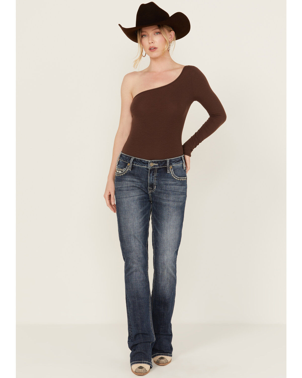 Rock & Roll Denim Women's Medium Wash Mid Rise Steer Head Bootcut Stretch Denim Jeans