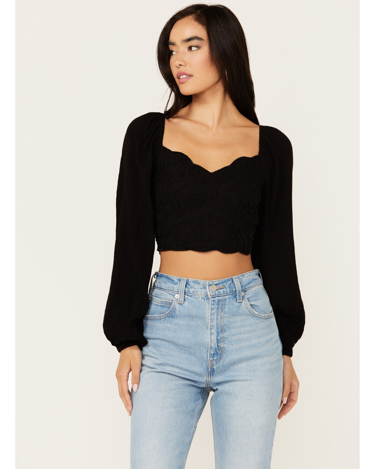 Shyanne Women's Embroidered Mesh Dot Poet Sleeve Crop Top