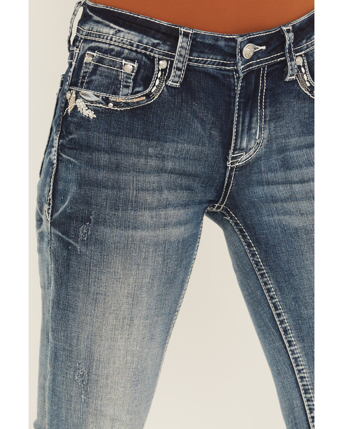 Grace in LA Women's Medium Wash Floral Embroidered Mid Rise Bootcut Stretch Denim Jeans