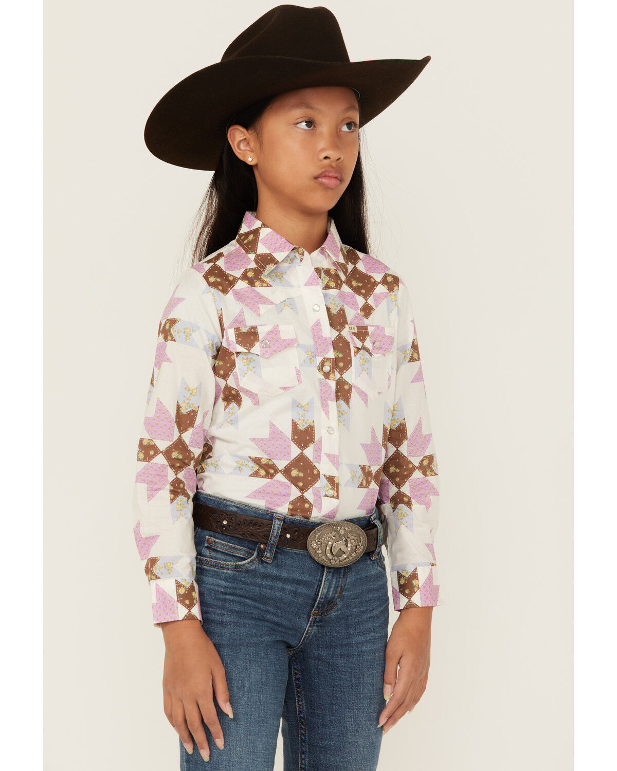 Cowboygirl by Jenna Paulette Girls' Patchwork Print Long Sleeve Pearl Snap Western Shirt