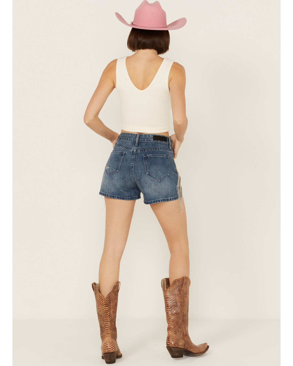 Rock & Roll Denim Women's Medium Wash High Rise Chain Fringe Denim Shorts