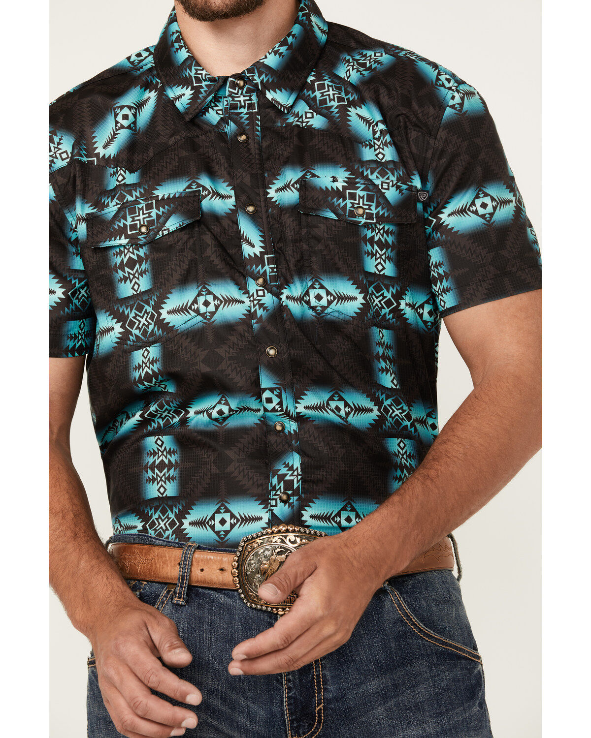 Rock & Roll Denim Men's Tek Southwestern Print Short Sleeve Pearl Snap Western Shirt