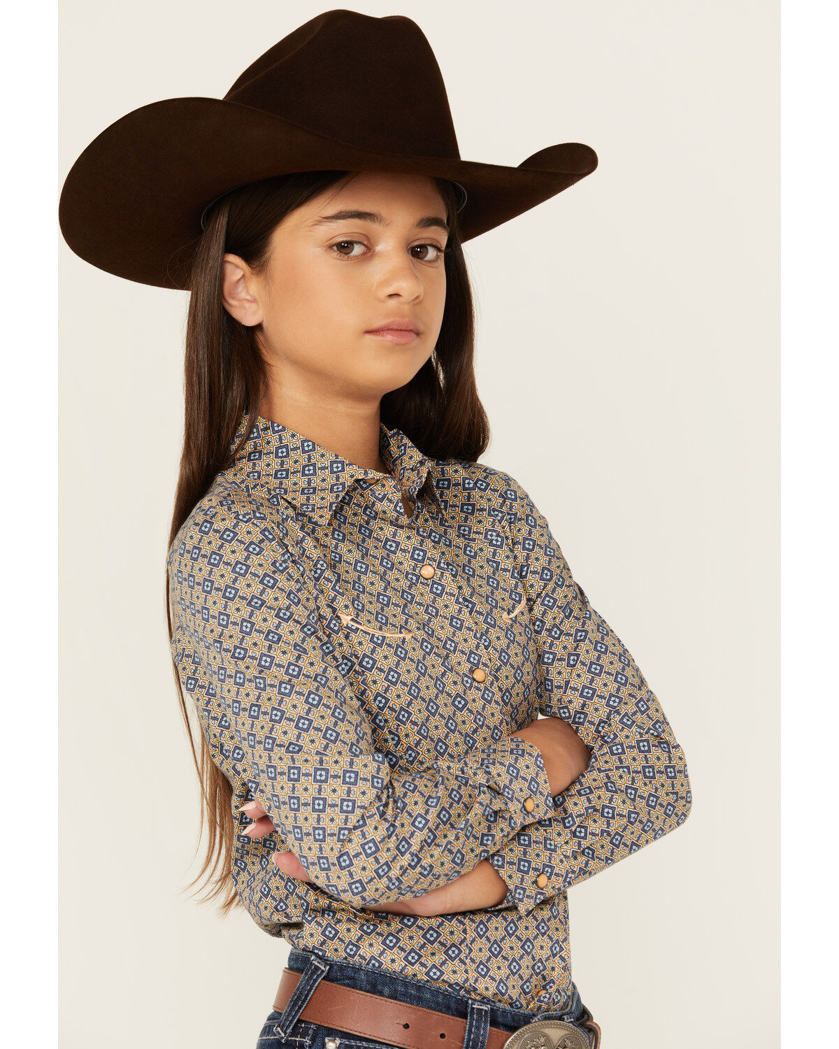 Cruel Girl Girls' Geo Print Long Sleeve Snap Western Shirt