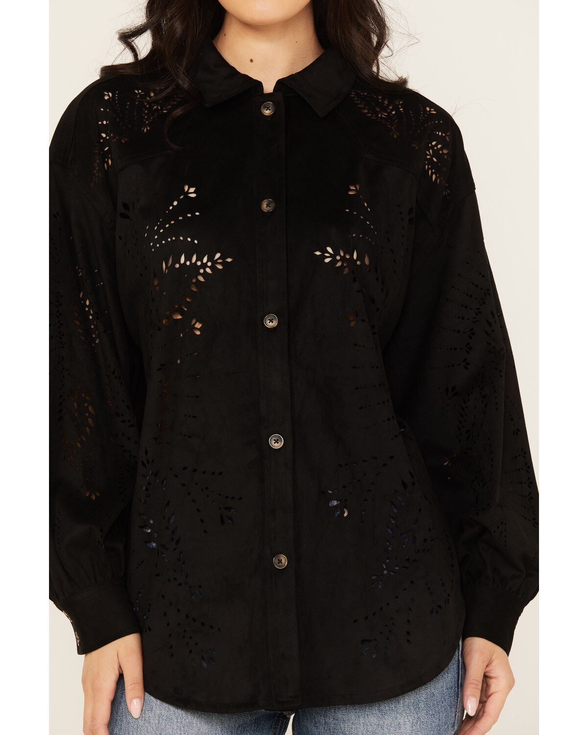 Shyanne Women's Faux Suede Laser Cutout Shacket