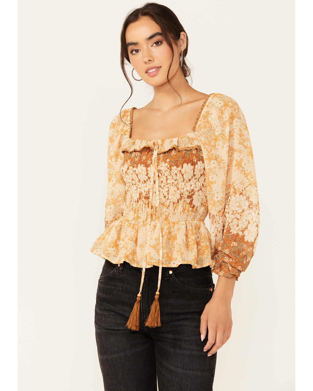 Miss Me Women's Floral Print Long Sleeve Peasant Top