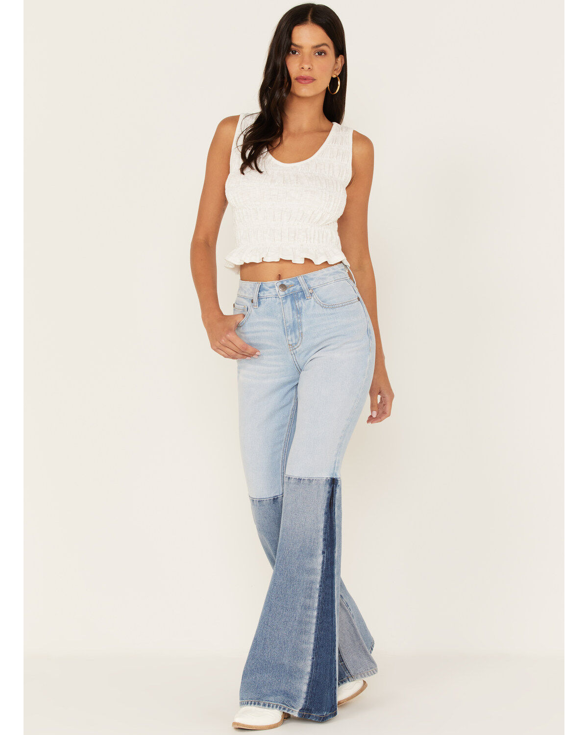 Shyanne Women's Two Tone Seamed Light Wash High Rise Flare Jeans