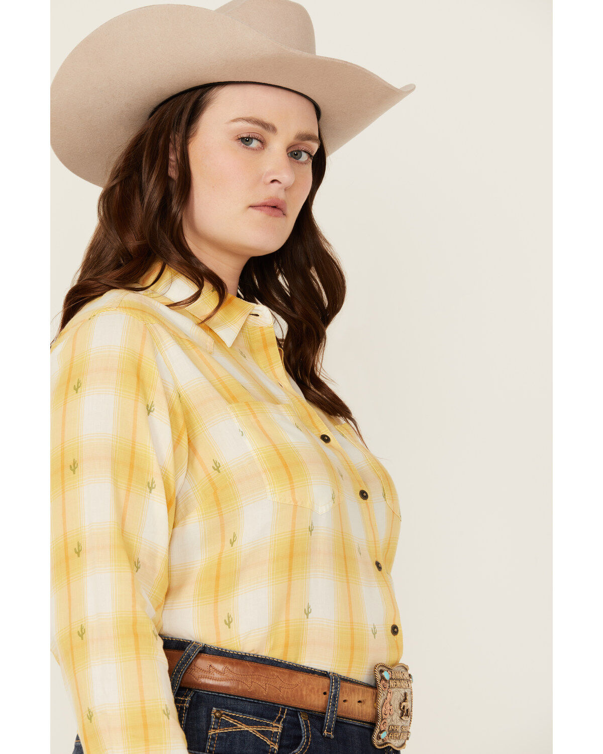 Ariat Women's R.E.A.L Billie Jean Cactus Plaid Print Long Sleeve Button-Down Western Shirt - Plus