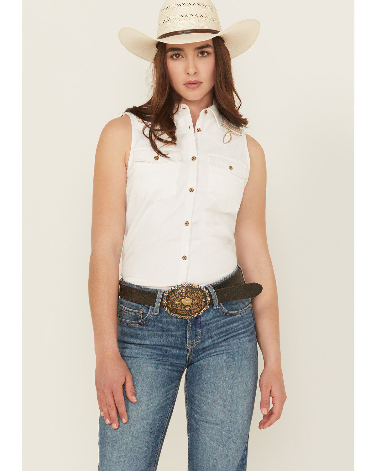 Shyanne Women's Embroidered Sleeveless Button-Down Western Shirt