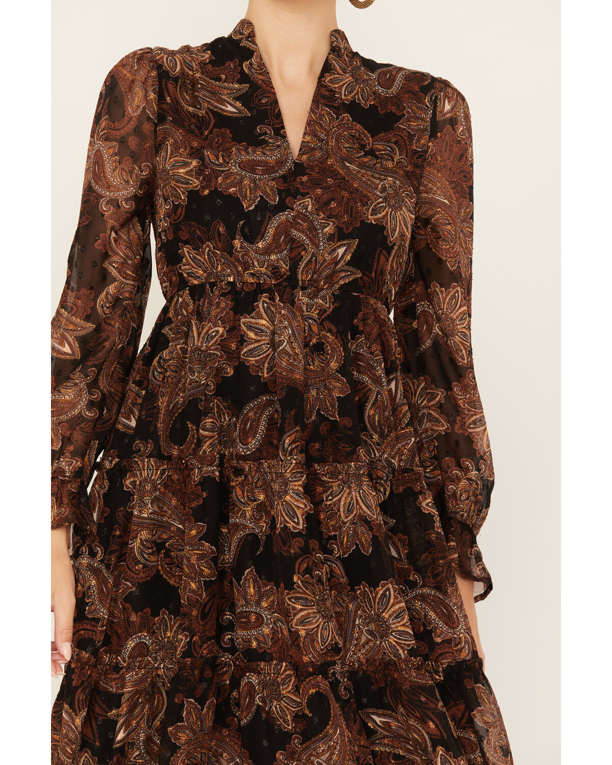 Wild Moss Women's Floral Pais Print Long Sleeve Midi Dress