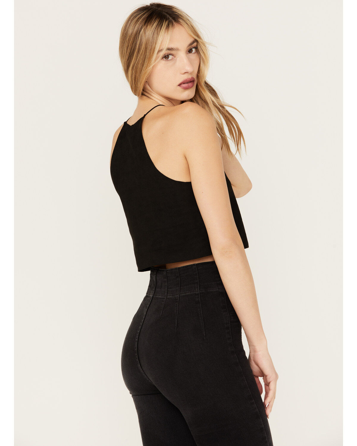 Vocal Women's Faux Suede Eyelet Halter Crop Top