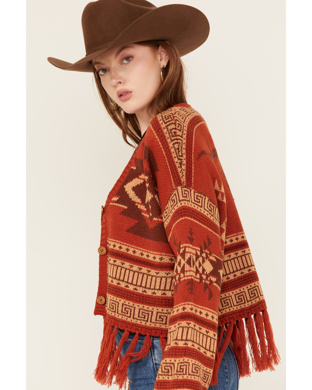 Rock & Roll Denim Women's Southwestern Print Fringe Cardigan