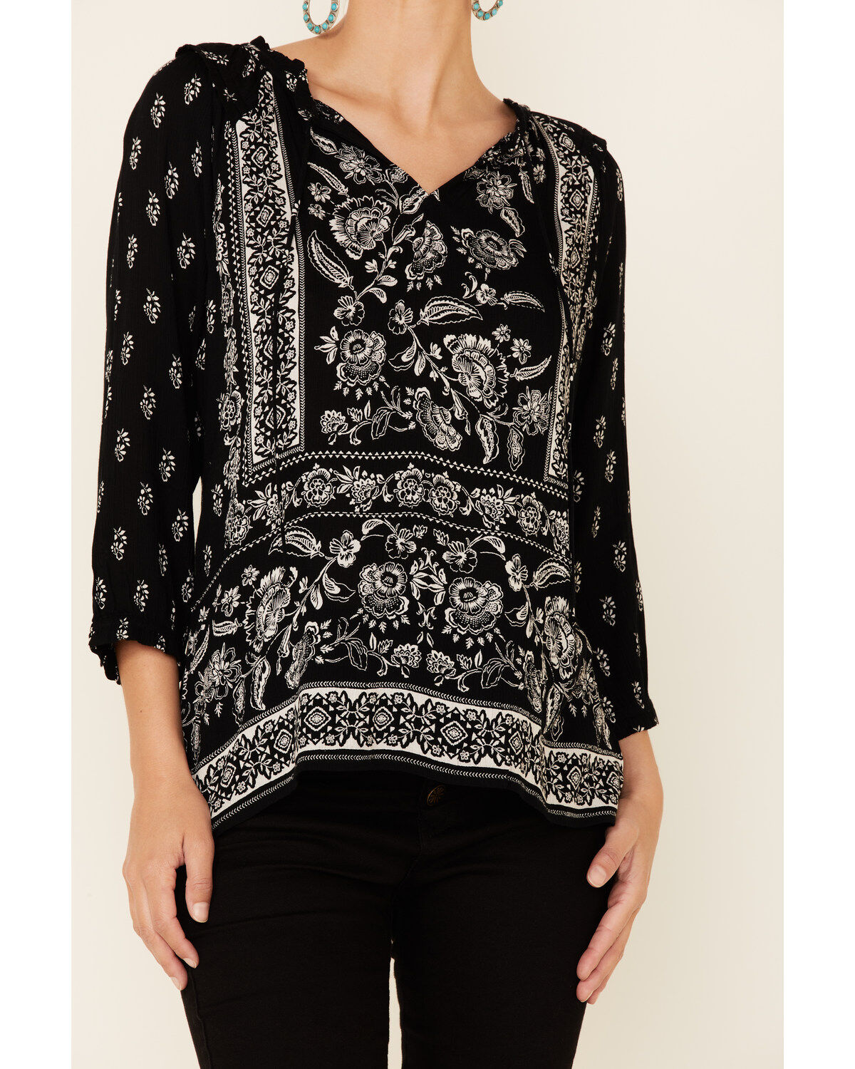 Bila Women's Delaney Two-Tone Print 3/4 Sleeve Peasant Top