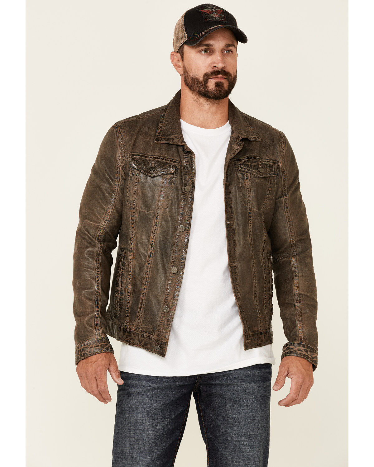 Mauritius Leather Men's Geoff Zip-Front Distressed Trucker Leather Jacket