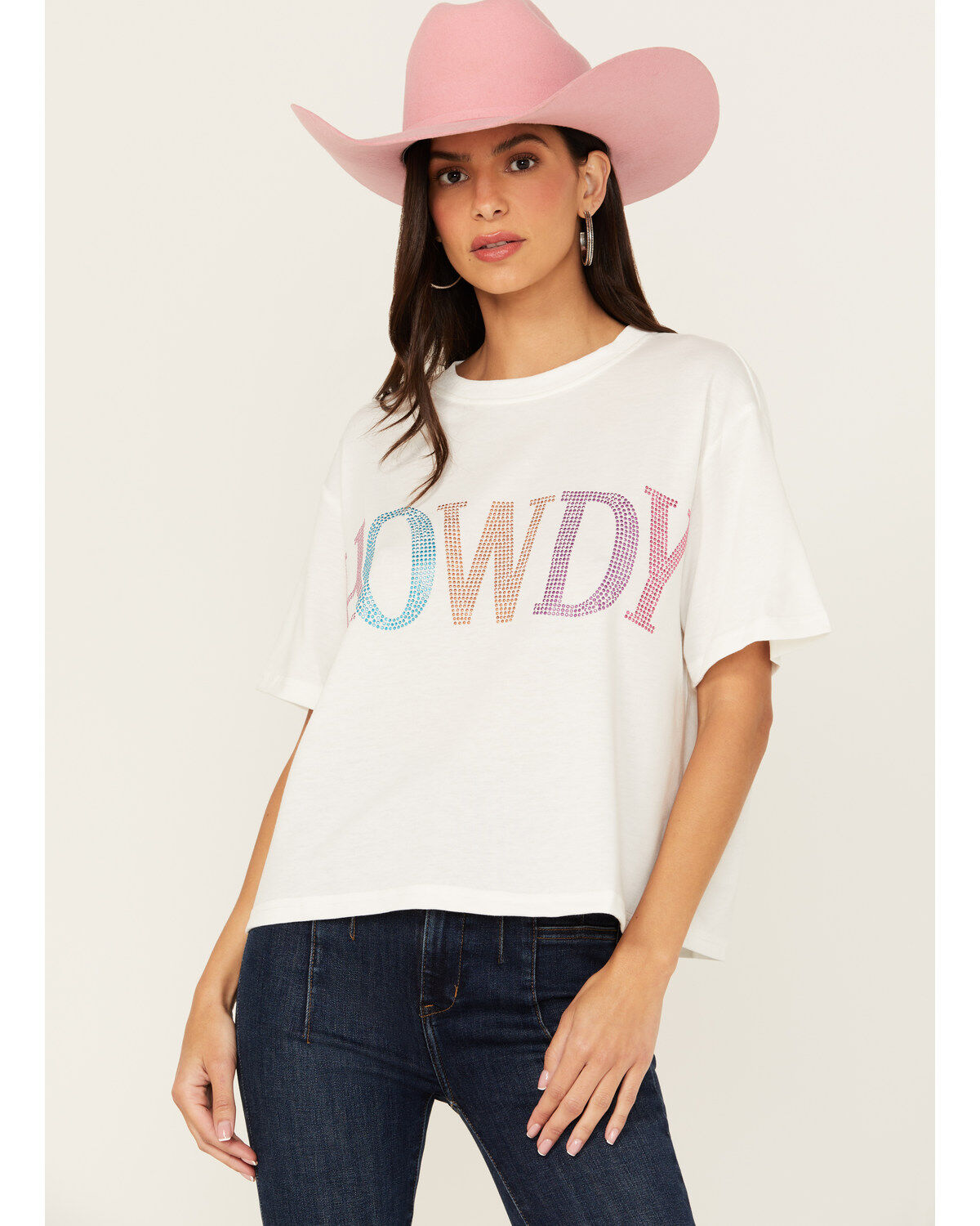 Mainstrip Women's Howdy Rhinestone Short Sleeve Cropped Graphic Tee