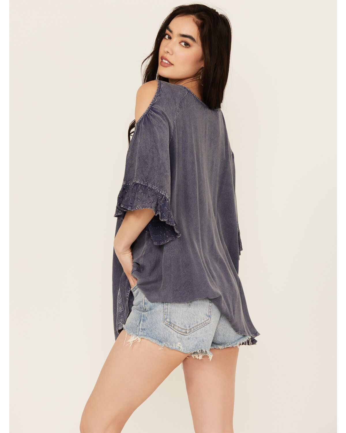 Gunit Women's Floral Embroidered Cold Shoulder Long Sleeve Shirt