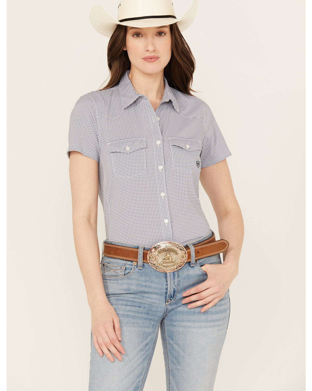 Ariat Women's Boot Barn Exclusive Gingham Print Short Sleeve Button-Down VentTEK Stretch Shirt