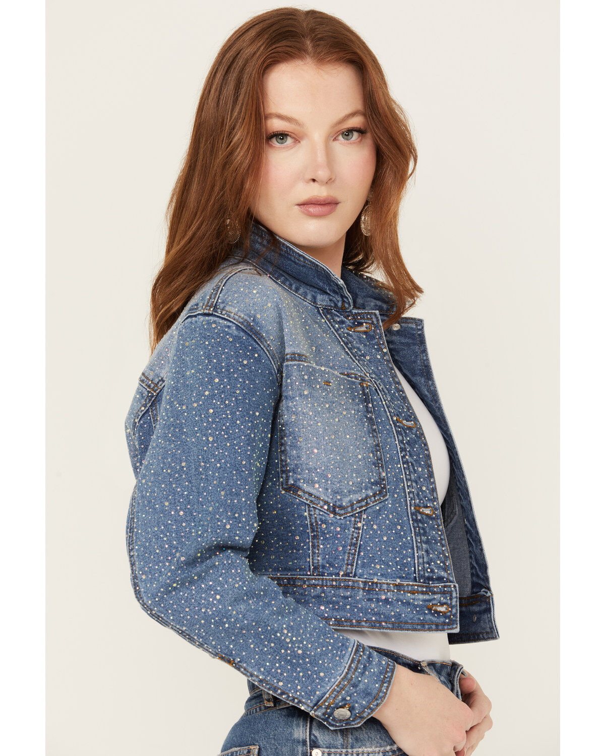 Vibrant Denim Women's Rhinestone Embellished Cropped Denim Jacket