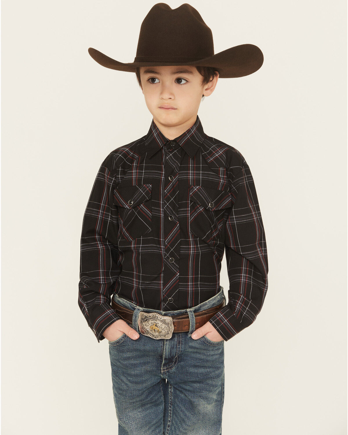 Roper Boys' Plaid Print Long Sleeve Snap Stretch Western Shirt
