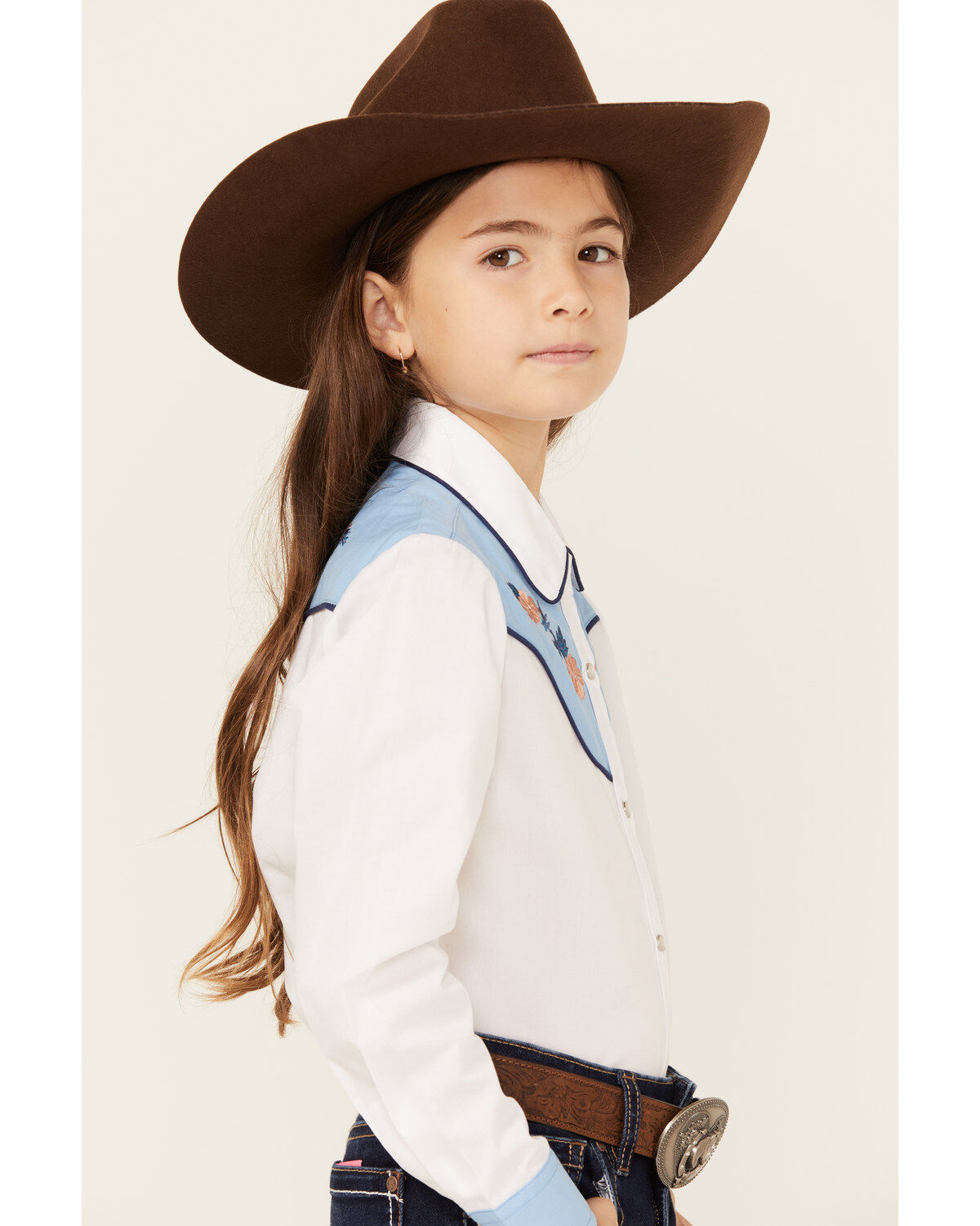 Ely Walker Girls' Embroidered Yoke Solid Long Sleeve Pearl Snap Western Shirt