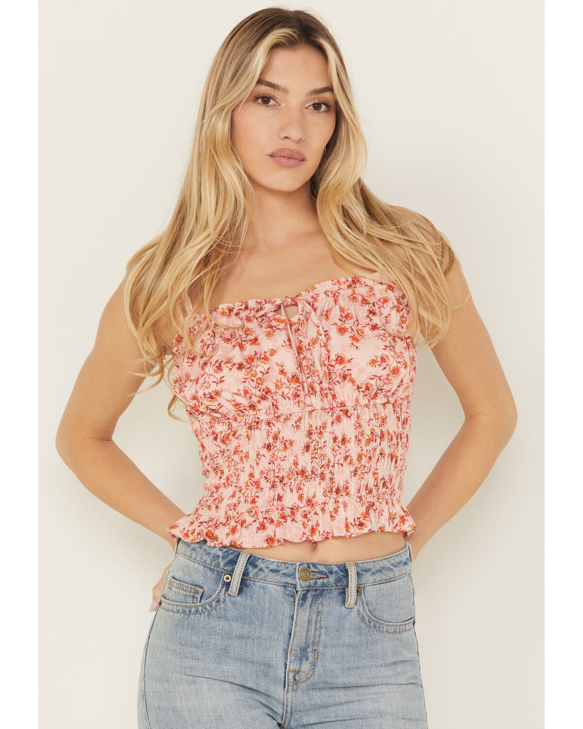 Shyanne Women's Floral Print Smocked Tie Front Top