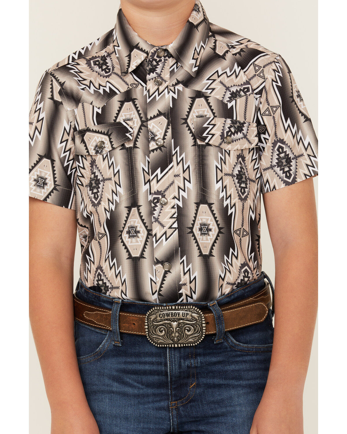 Rock & Roll Denim Boys' Southwestern Print Moisture Wicking Short Sleeve Pearl Snap Western Shirt