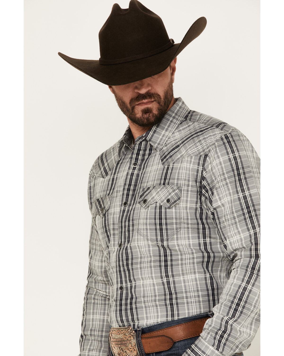 Moonshine Spirit Men's Tuning Fork Plaid Print Long Sleeve Snap Western Shirt