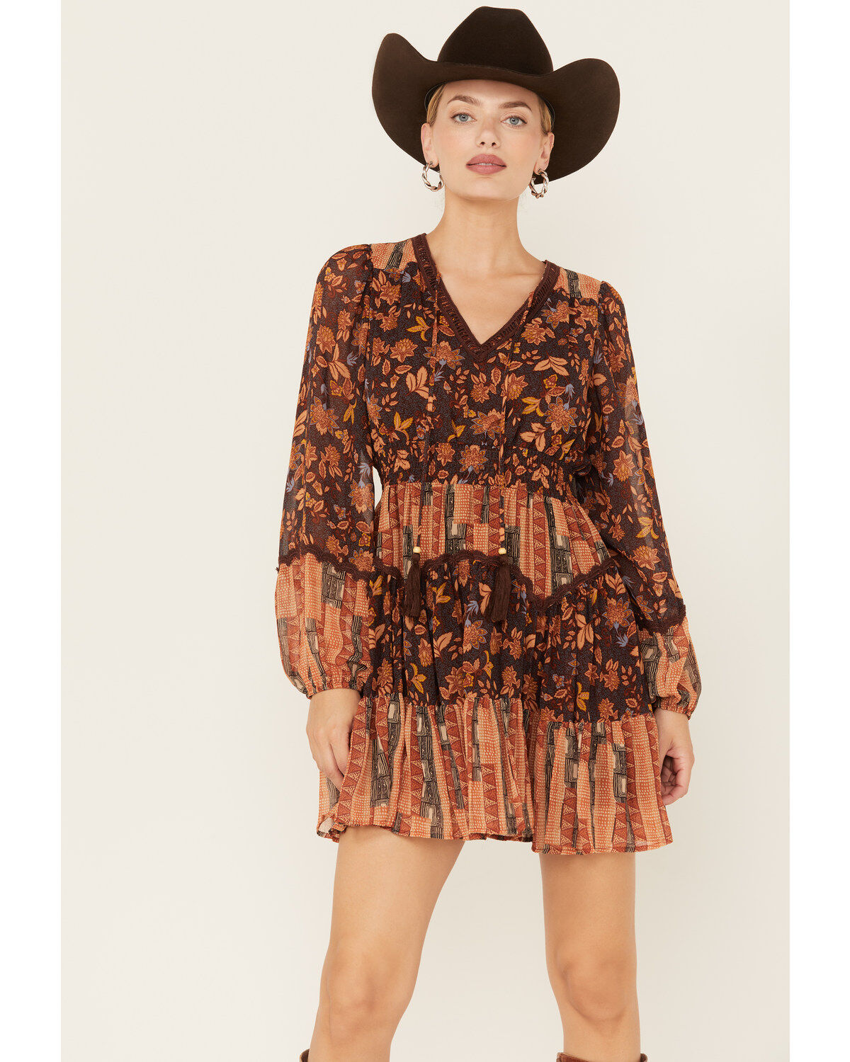 Miss Me Women's Floral Print Long Sleeve Mini Dress