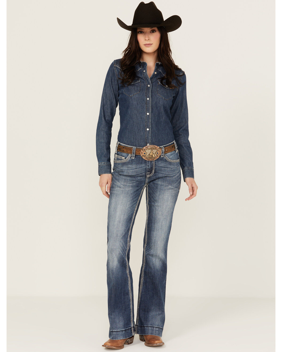 Rock & Roll Denim Women's Dark Wash Stitched Pocket Bootcut Stretch Denim Jeans