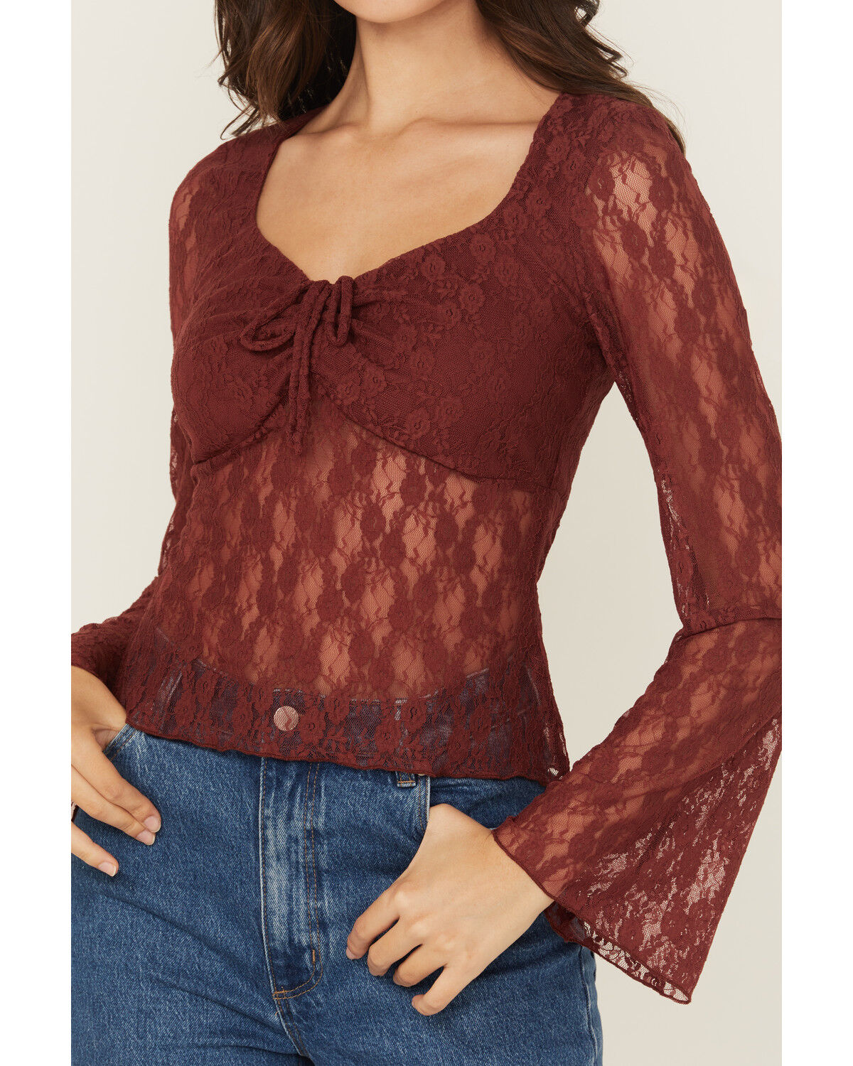 Trixxi Women's Solid Lace Long Bell Sleeve Shirt