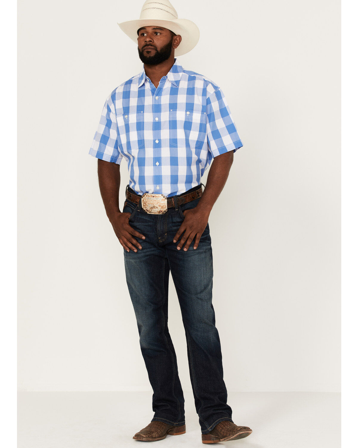 Resistol Men's Lantana Buffalo Check Plaid Print Short Sleeve Button Down Western Shirt