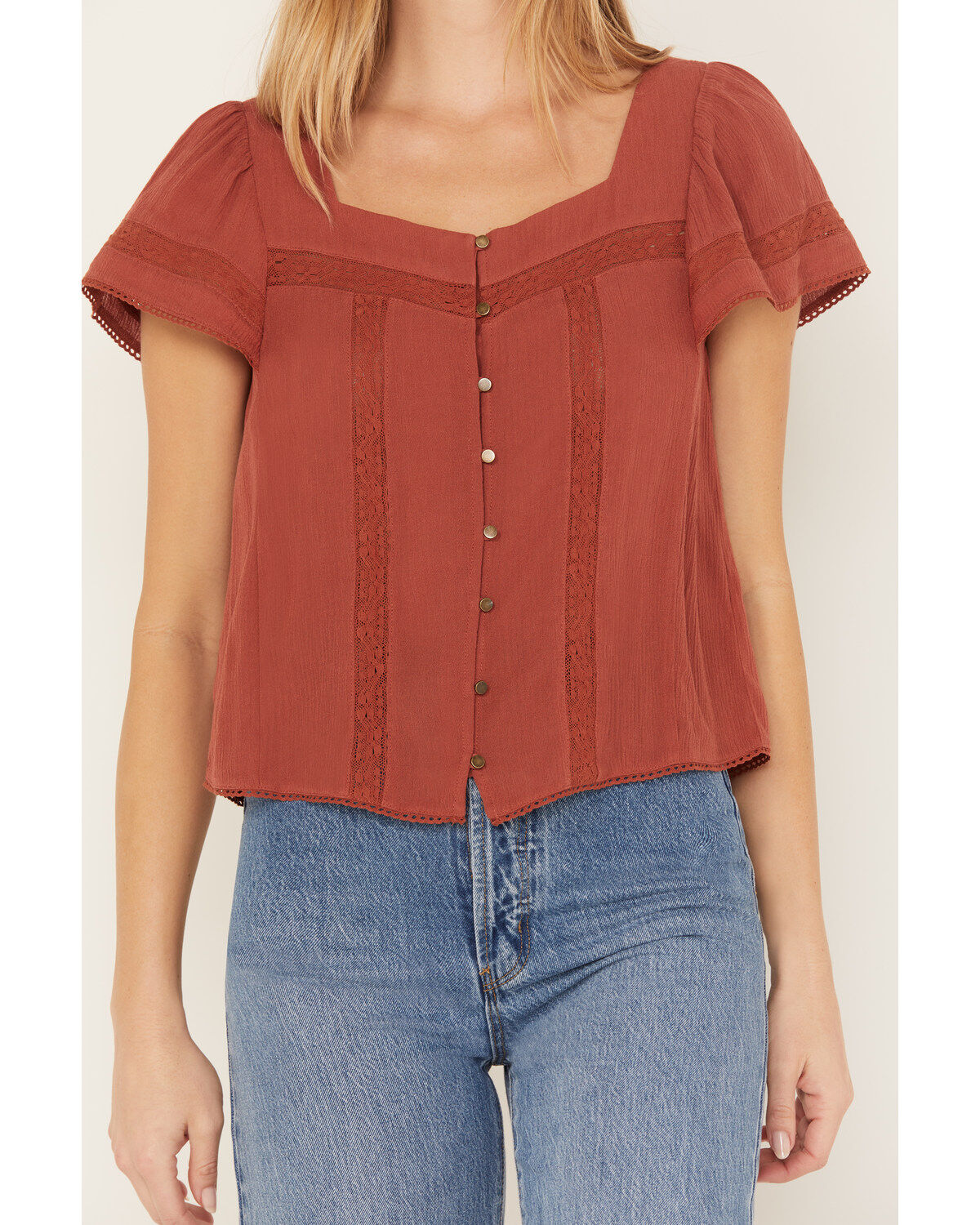 Jolt Women's Button Front Square Neck Peasant Top