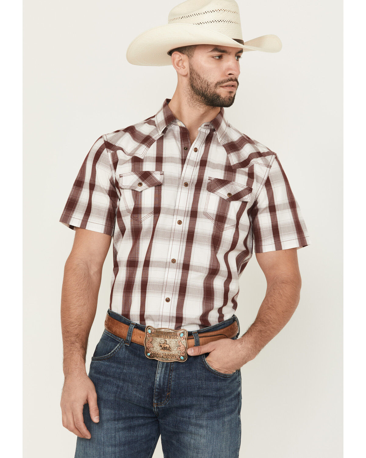 Moonshine Spirit Men's Memphis Plaid Print Short Sleeve Snap Western Shirt