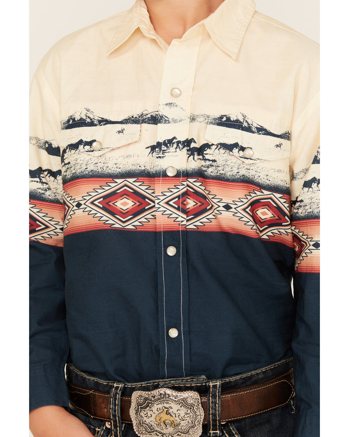 Roper Boys' Vintage Running Horses Boarder Long Sleeve Snap Western Shirt