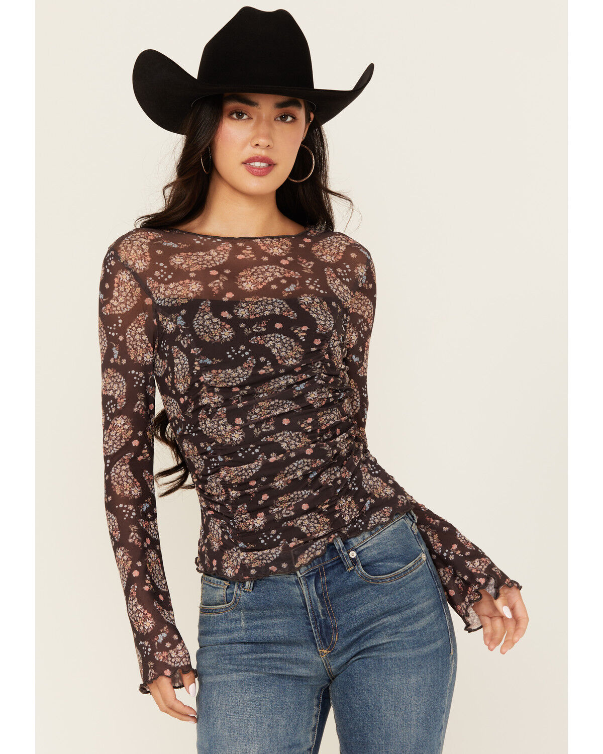 Ash & Violet Women's Paisley Print Mesh Seamed Long Sleeve Top
