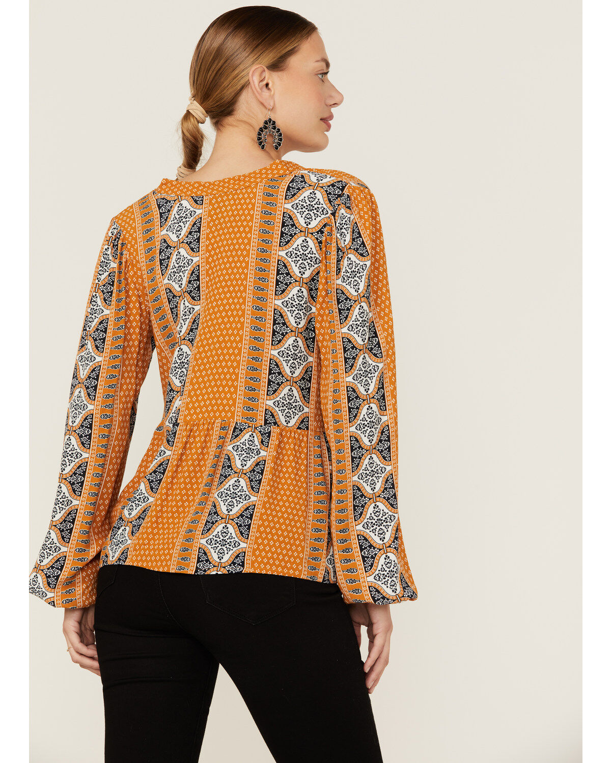 Wrangler Retro Women's Split Neck Peplum Print Mustard Peasant Top