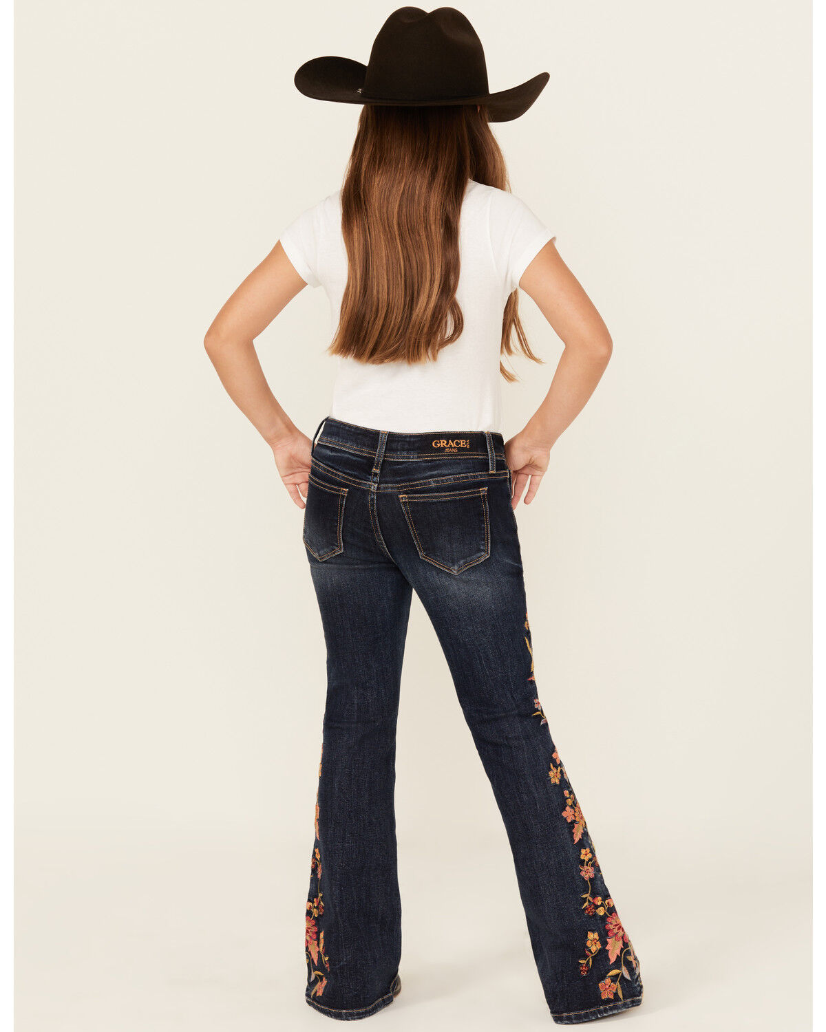 Grace in LA Girls' Dark Wash Floral Embroidery Flare Stretch Denim Jeans