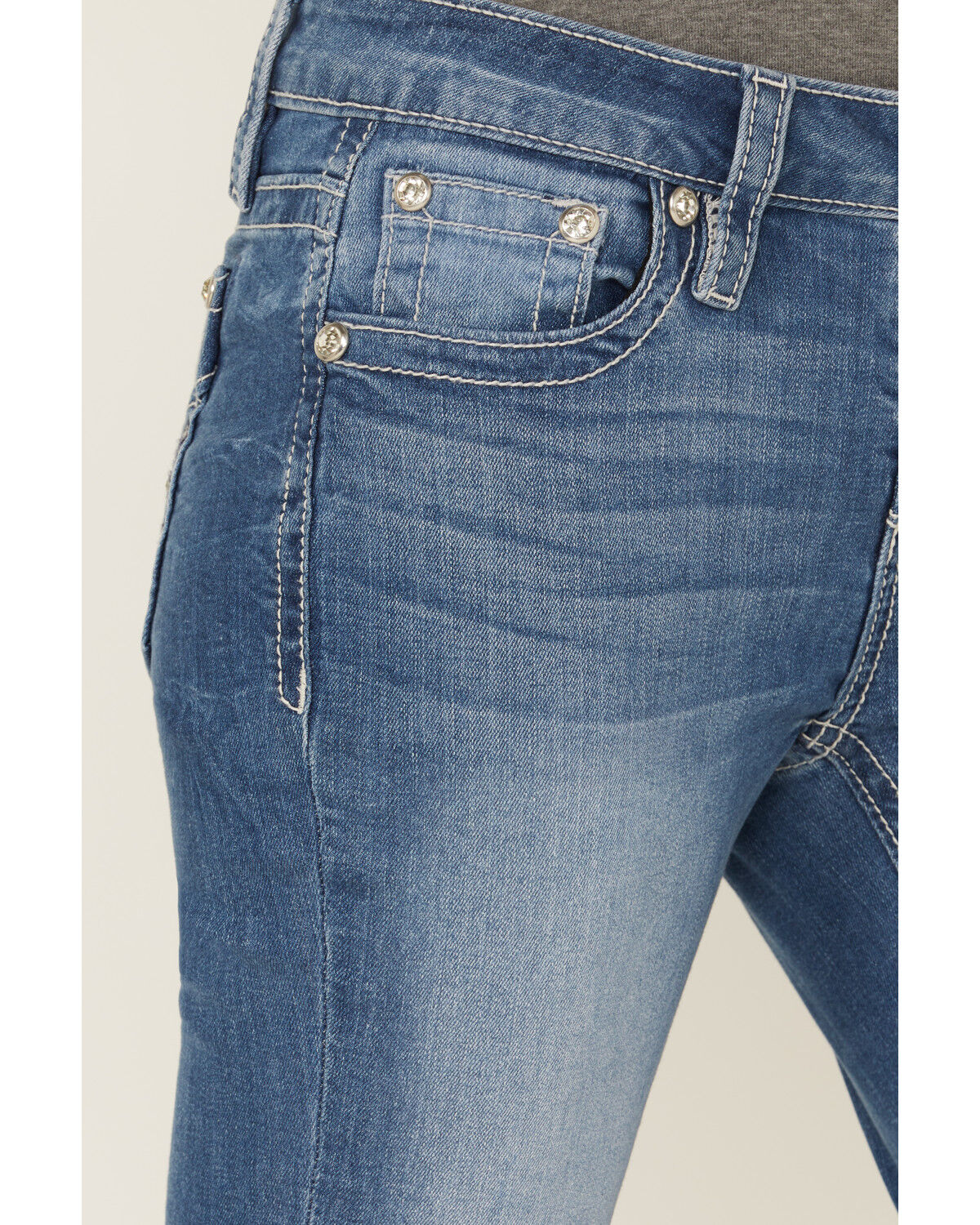 Shyanne Mid Rise Medium Wash Bootcut Wing Faux Flap Stretch Denim Jeans