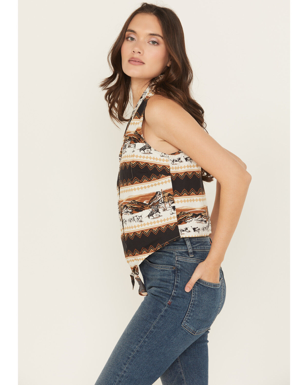 Wrangler Retro Women's Southwestern Print Sleeveless Button-Down Tie-Front Western Shirt