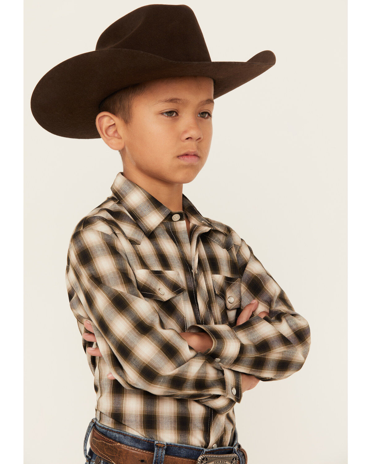 Roper Boys' Plaid Print Long Sleeve Pearl Snap Western Shirt