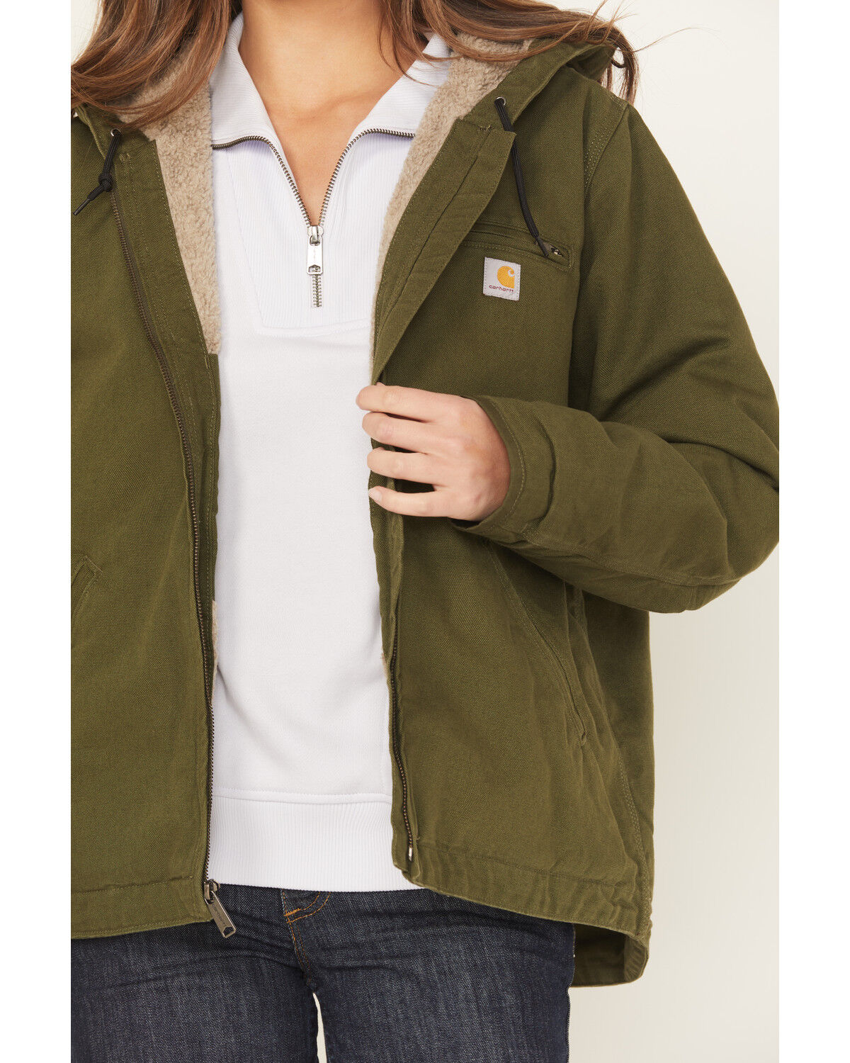 Carhartt Women's Heather Basil Washed Duck Sherpa-Lined Zip-Front Hooded Work Jacket