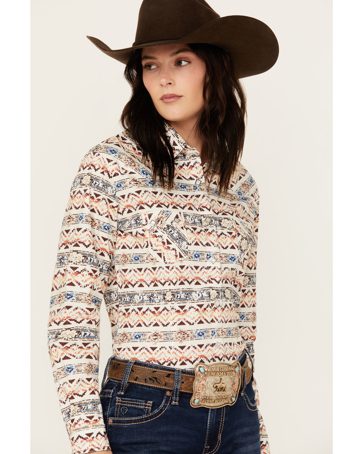 Panhandle Women's Southwestern Print Long Sleeve Snap Western Shirt