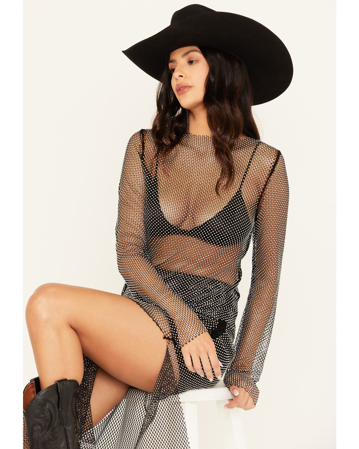 Rock & Roll Denim Women's Rhinestone Mesh Long Sleeve Top