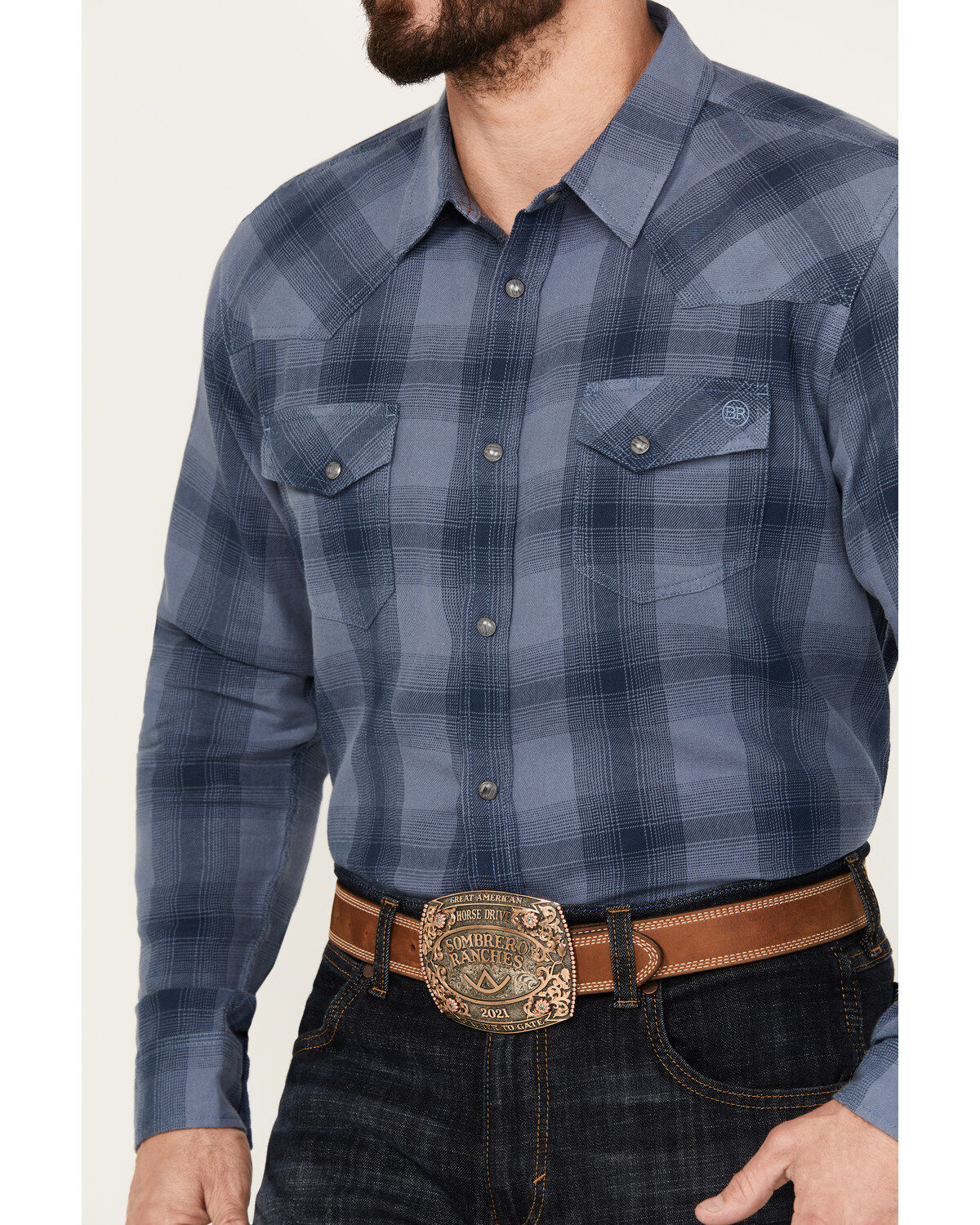 Blue Ranchwear Men's Lander Plaid Print Long Sleeve Western Snap Shirt