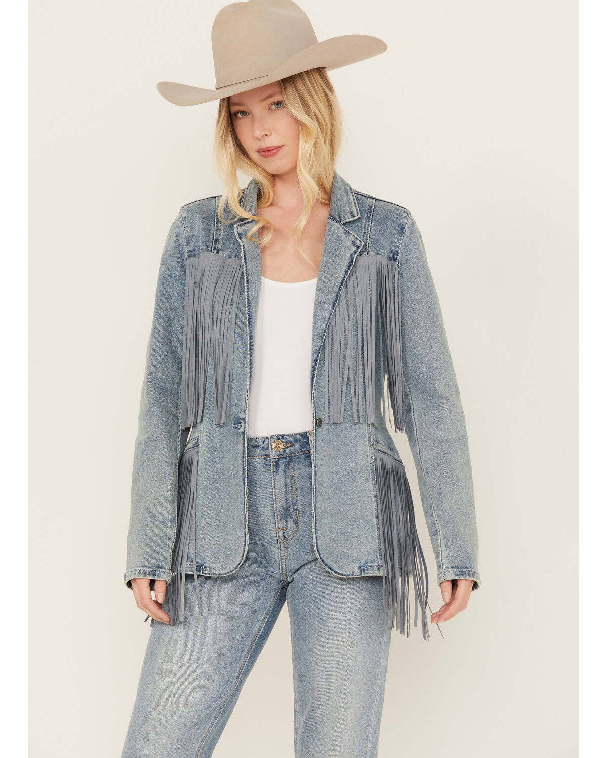 Rock & Roll Denim Women's Light Wash Denim Stretch Fringe Blazer