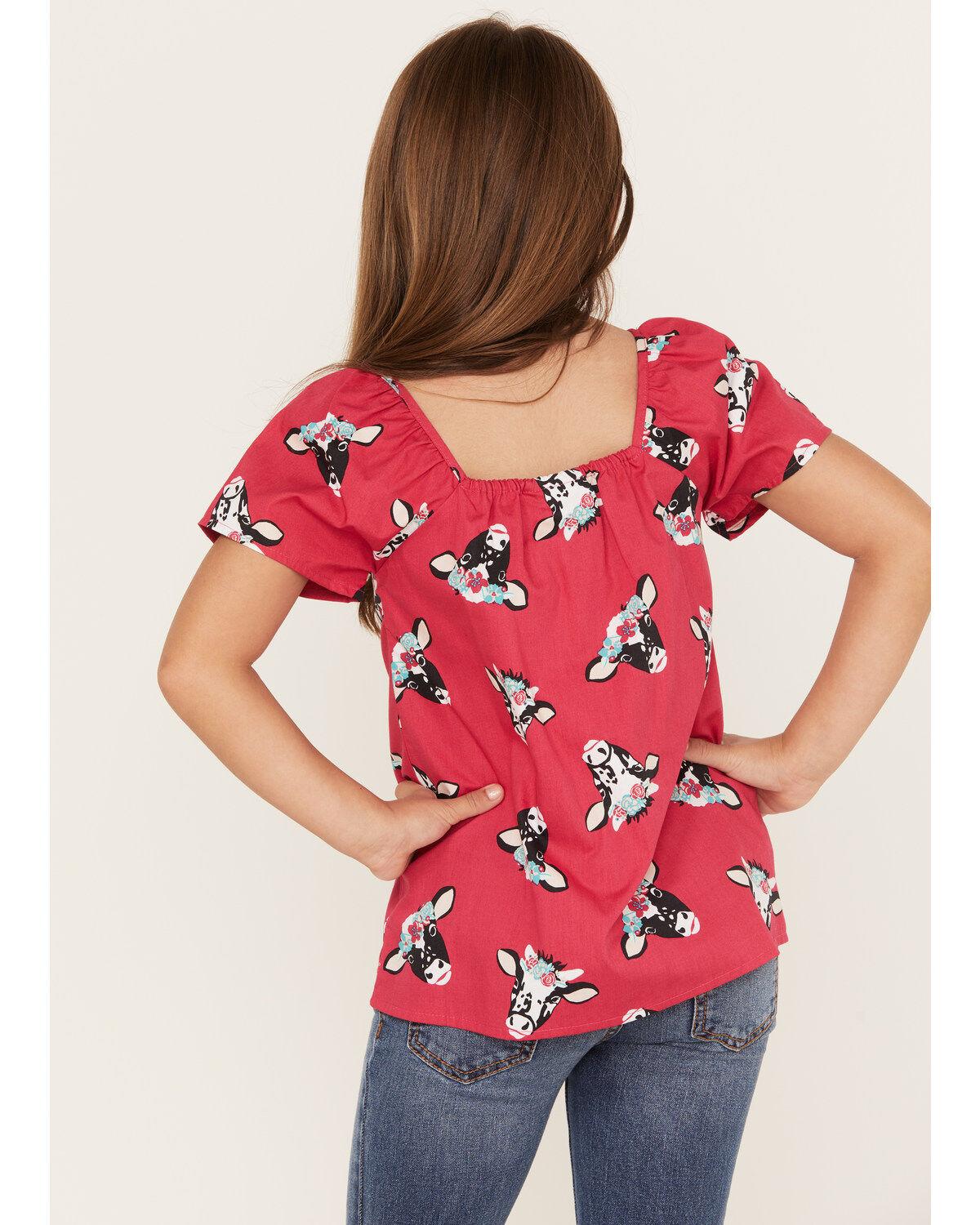 Wrangler Girls' Cow Head Print Puff Sleeve Shirt