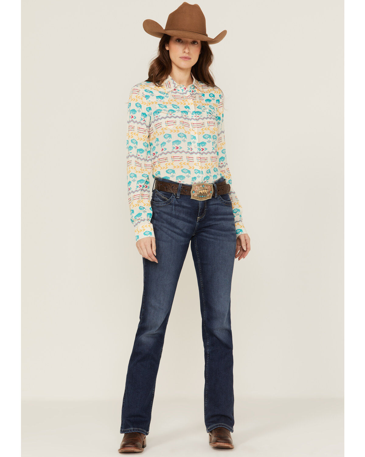 Roper Women's Buffalo Roam Southwestern Print Long Sleeve Pearl Snap Western Shirt
