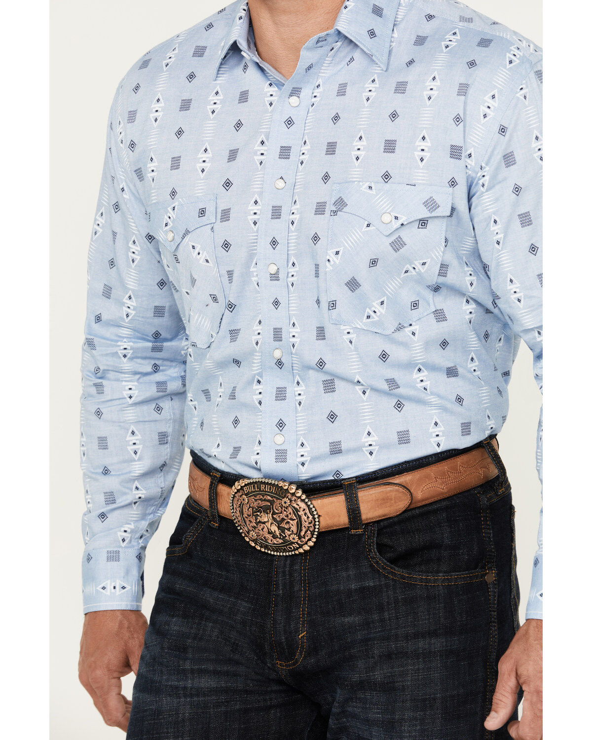 Rough Stock by Panhandle Men's Chambray Southwestern Print Long Sleeve Snap Western Shirt